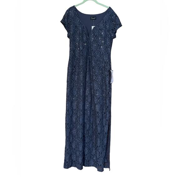 Connected Apparel NEW Size 14 Grace Navy Short Sleeve Sequin Lace Maxi Dress - Picture 6 of 11